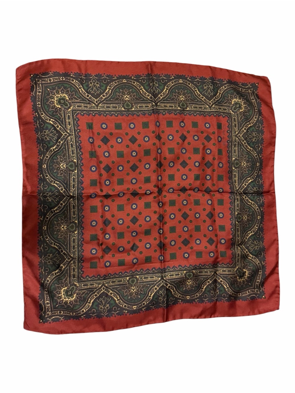100% Silk ETRO Rust Red and Black Paisley Silk Square